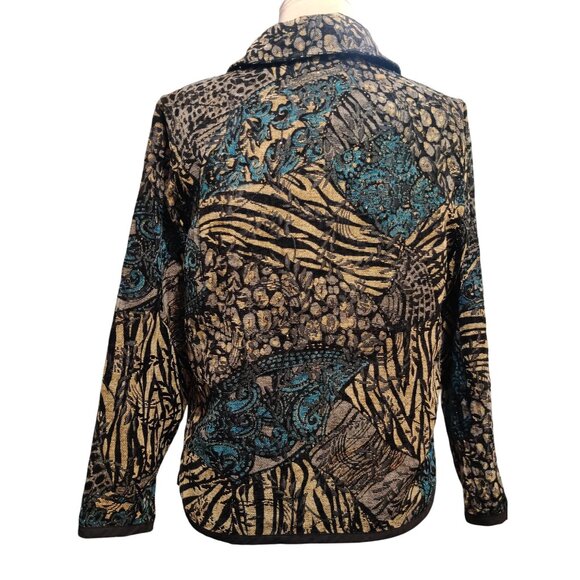 Womens L Jacket Reversible Jacquard Brocade Black Gold Blue Boho 90s Vintage - Picture 3 of 16